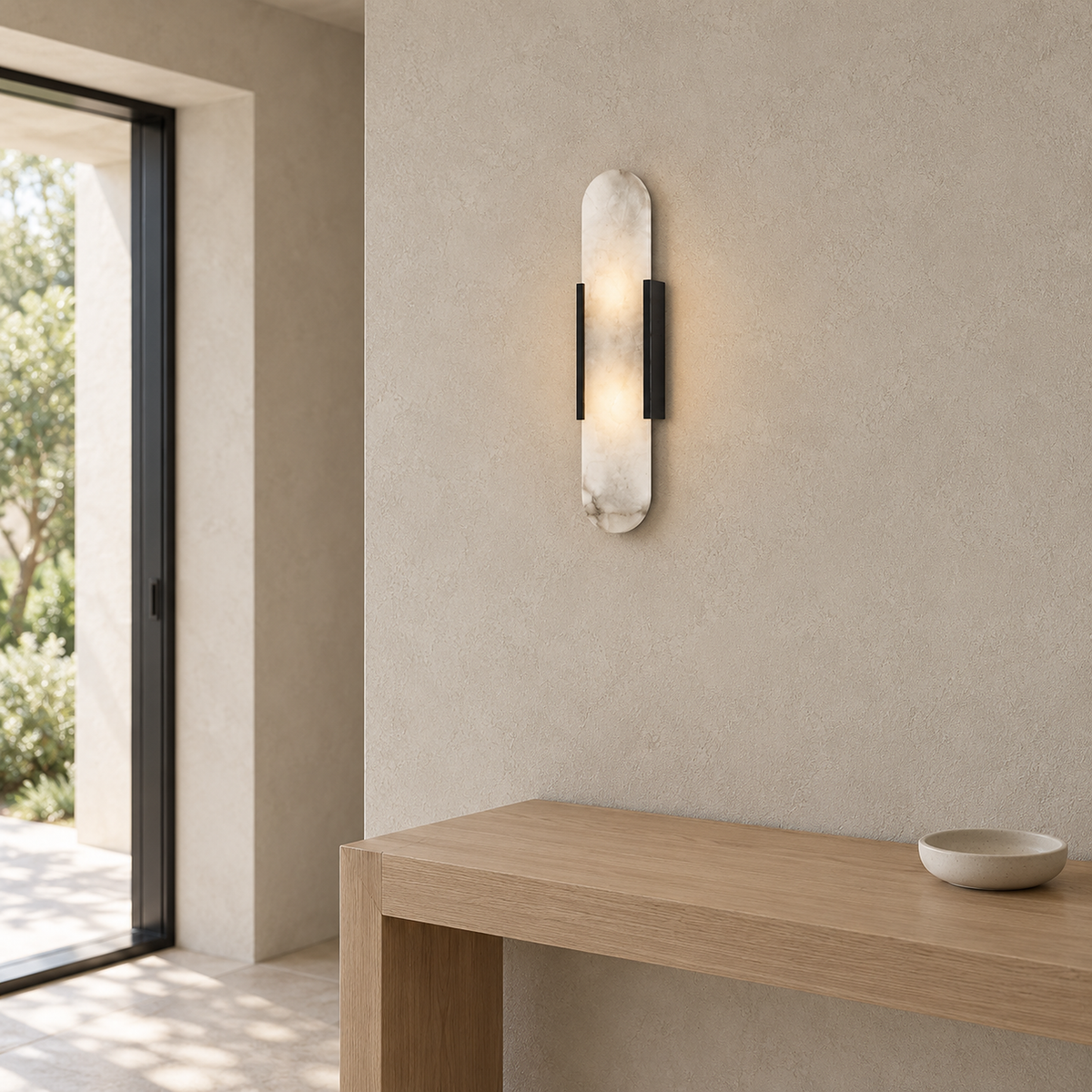 Oselira black hardwired wall light glowing in an entryway, showing its slim wall mounted profile