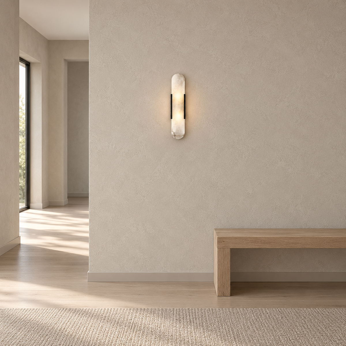 Oselira pale gray veined hardwired wall light with black side bands on a beige wall beside a wooden bench