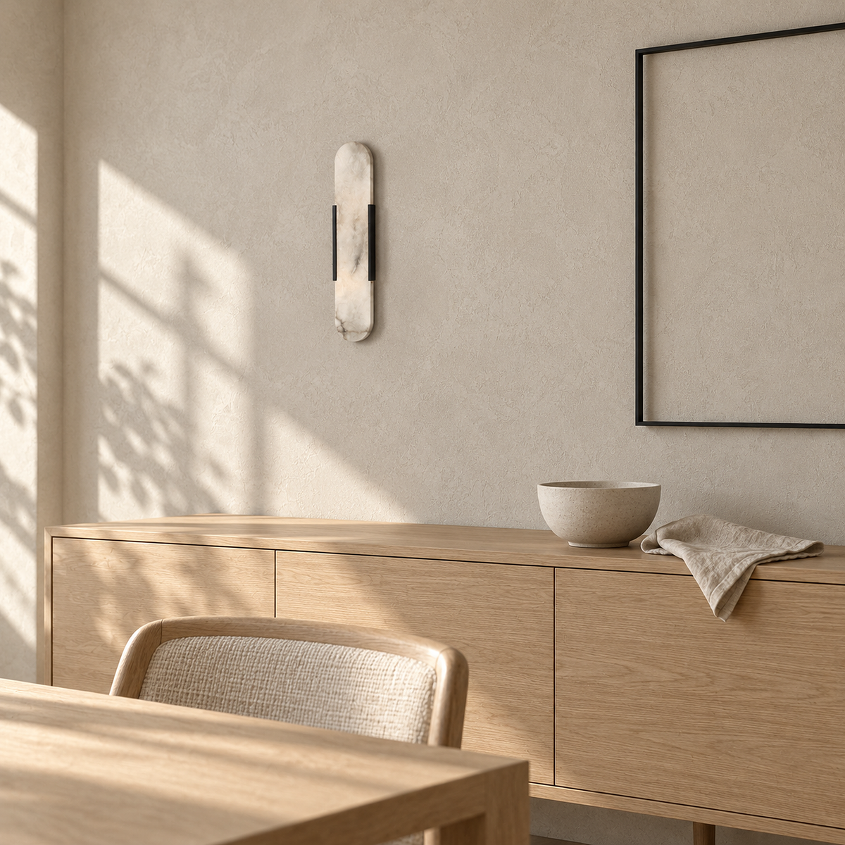 Oselira black hardwired wall sconce, unlit, mounted on a dining room wall in daylight