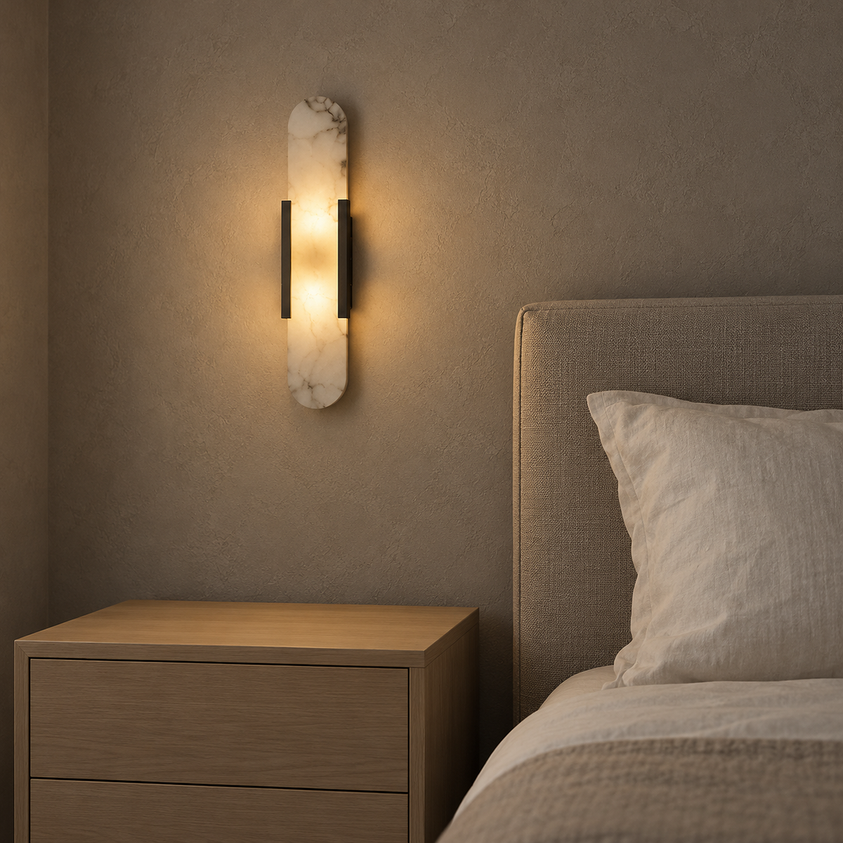 Oselira black wall lamp with natural marble veins glowing softly in a guest sleeping alcove