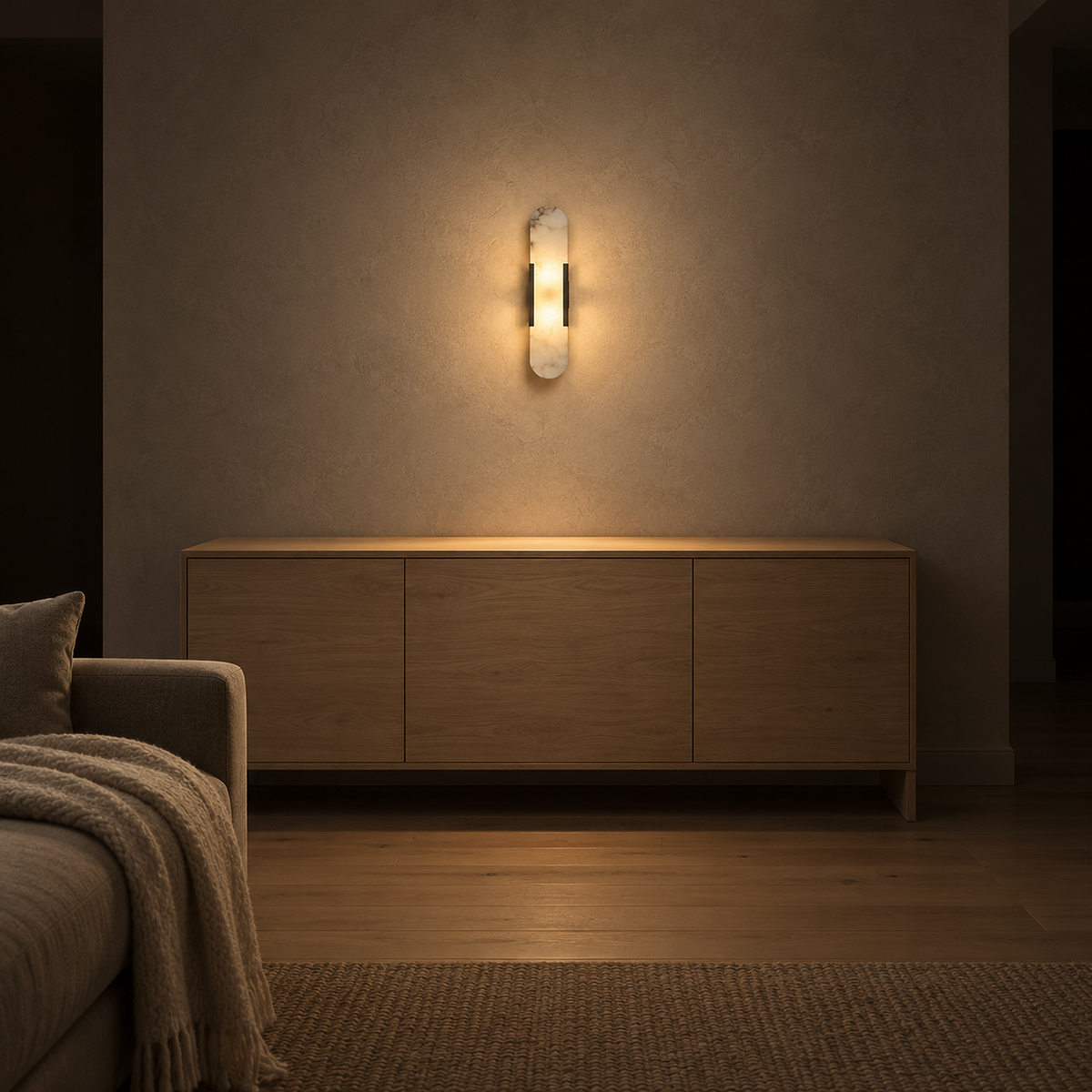 Oselira pale stone wall light with black side bands glowing above a wooden sideboard beside a sofa