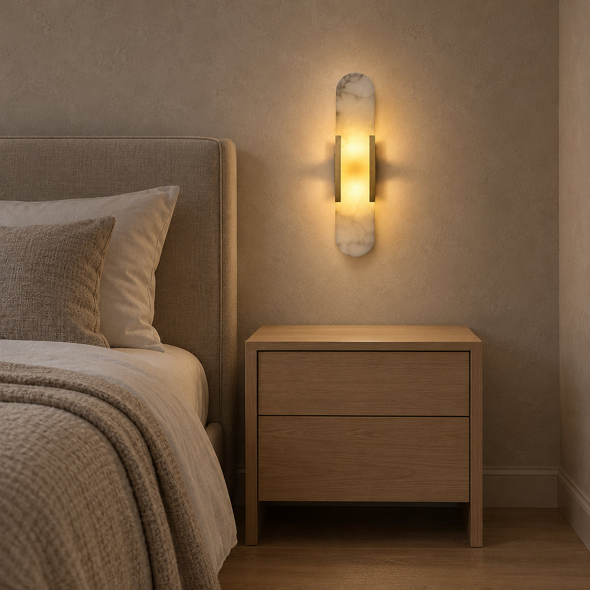 Oselira gold bedside wall light mounted on the wall, leaving the bedside table clear #color_gold