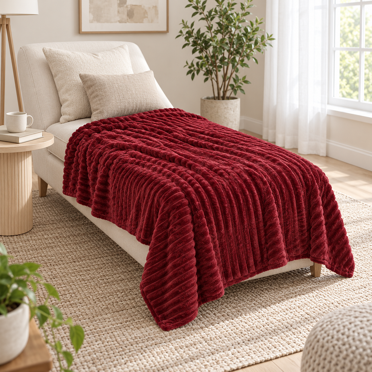 Pasorel fleece throw blanket in wine red, spread on a sunroom chaise ready for lounging #color_wine red