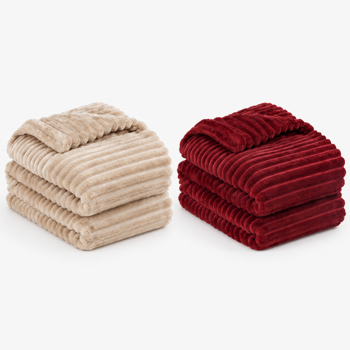 Pasorel throw blanket in milk and wine red, both colors folded side by side for comparison