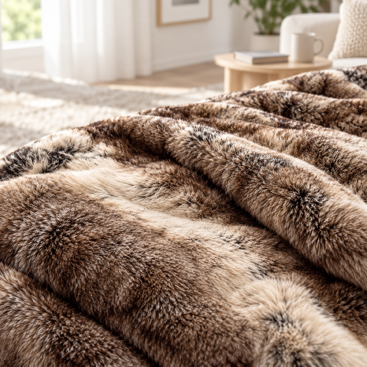 Pelarno brown faux fur throw blanket close up of the pile with cream and tan shading