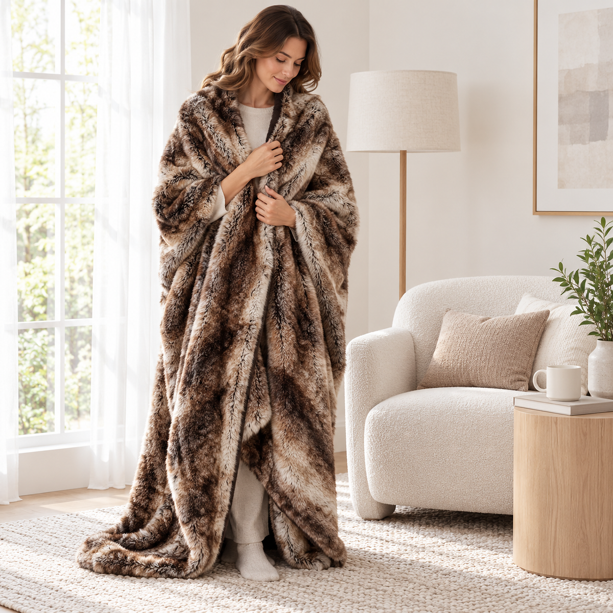 Pelarno brown soft throw blanket wrapped around the shoulders of an adult in a bright sitting alcove