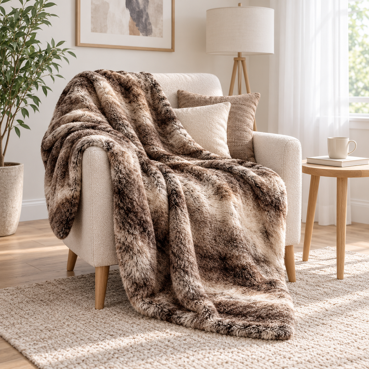 Pelarno shaded brown faux fur throw blanket laid across the seat and arm of a bedroom armchair