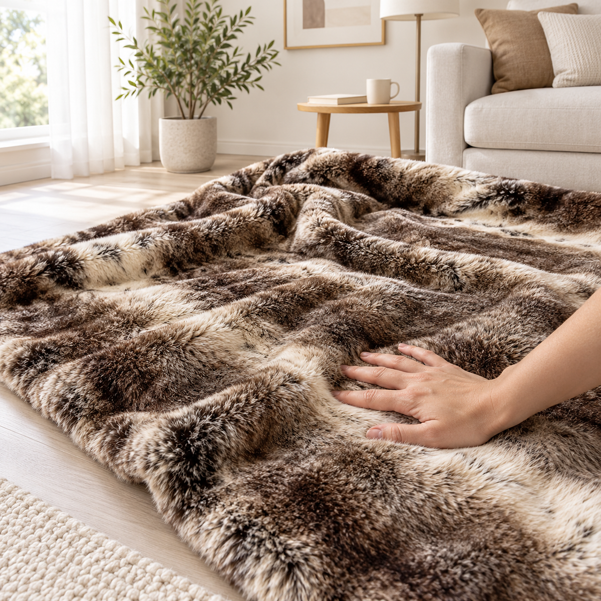 Pelarno shaded brown throw blanket with an adult hand gently pressing the faux fur surface