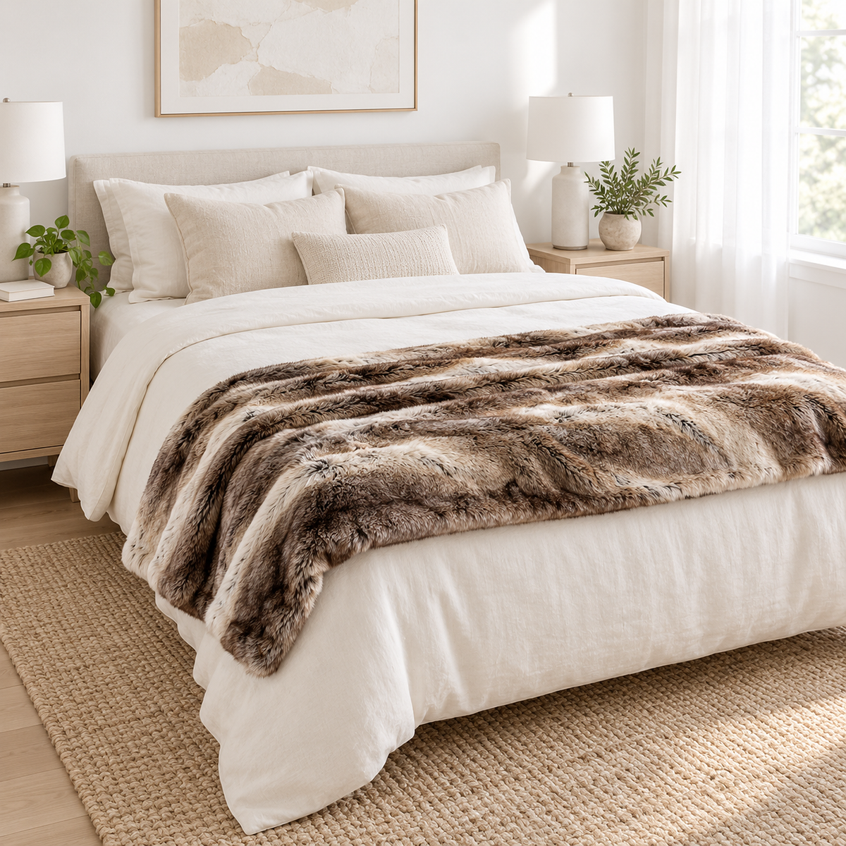 Pelarno tan, cream and brown throw blanket folded across the foot of a made bed in a bedroom