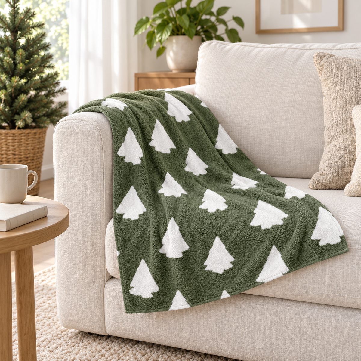 Ralmeno xmas tree throw blanket for couch draped over the arm of an ivory sofa in a living room
