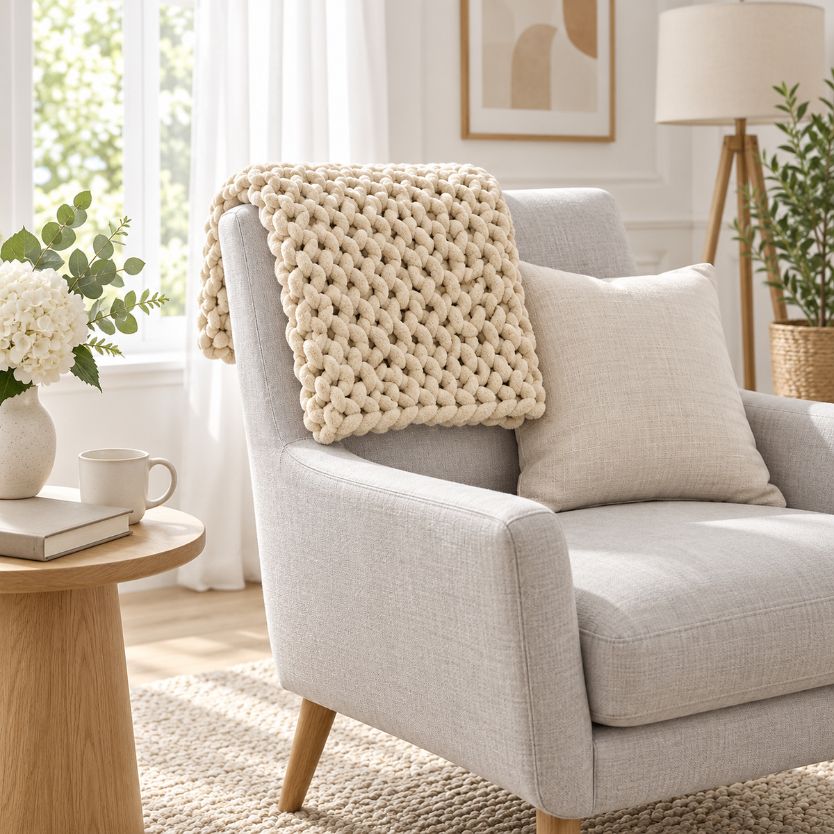 Ramelio beige knit throw blanket in a square size draped over a pale accent chair back in a music room #color_beige