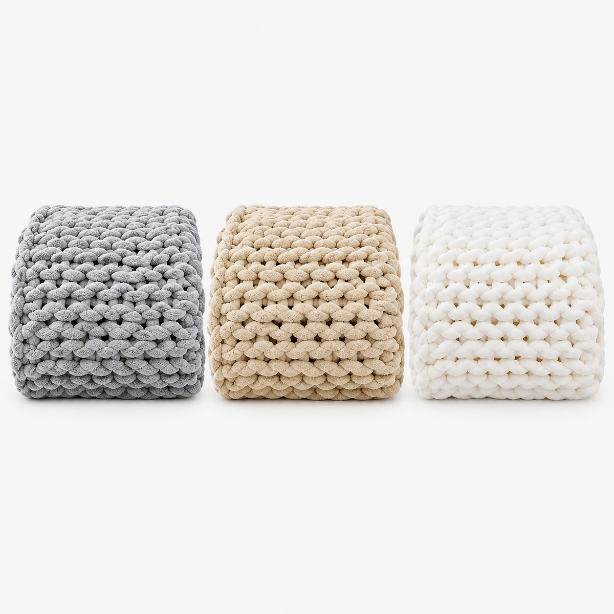 Ramelio chunky knit blanket shown in gray, beige and white color options, folded side by side
