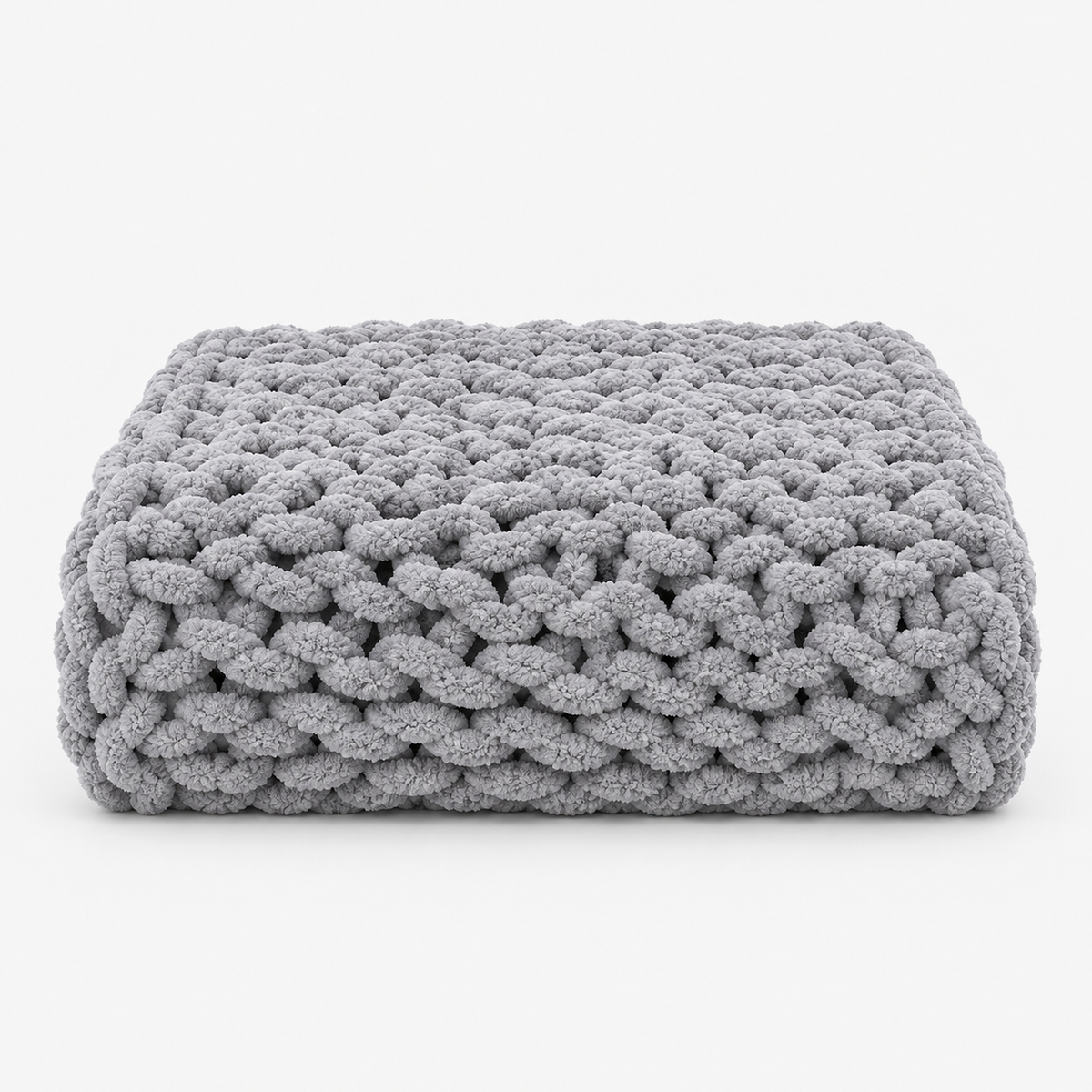 Ramelio chunky knit throw blanket in gray, loosely folded on a plain white background