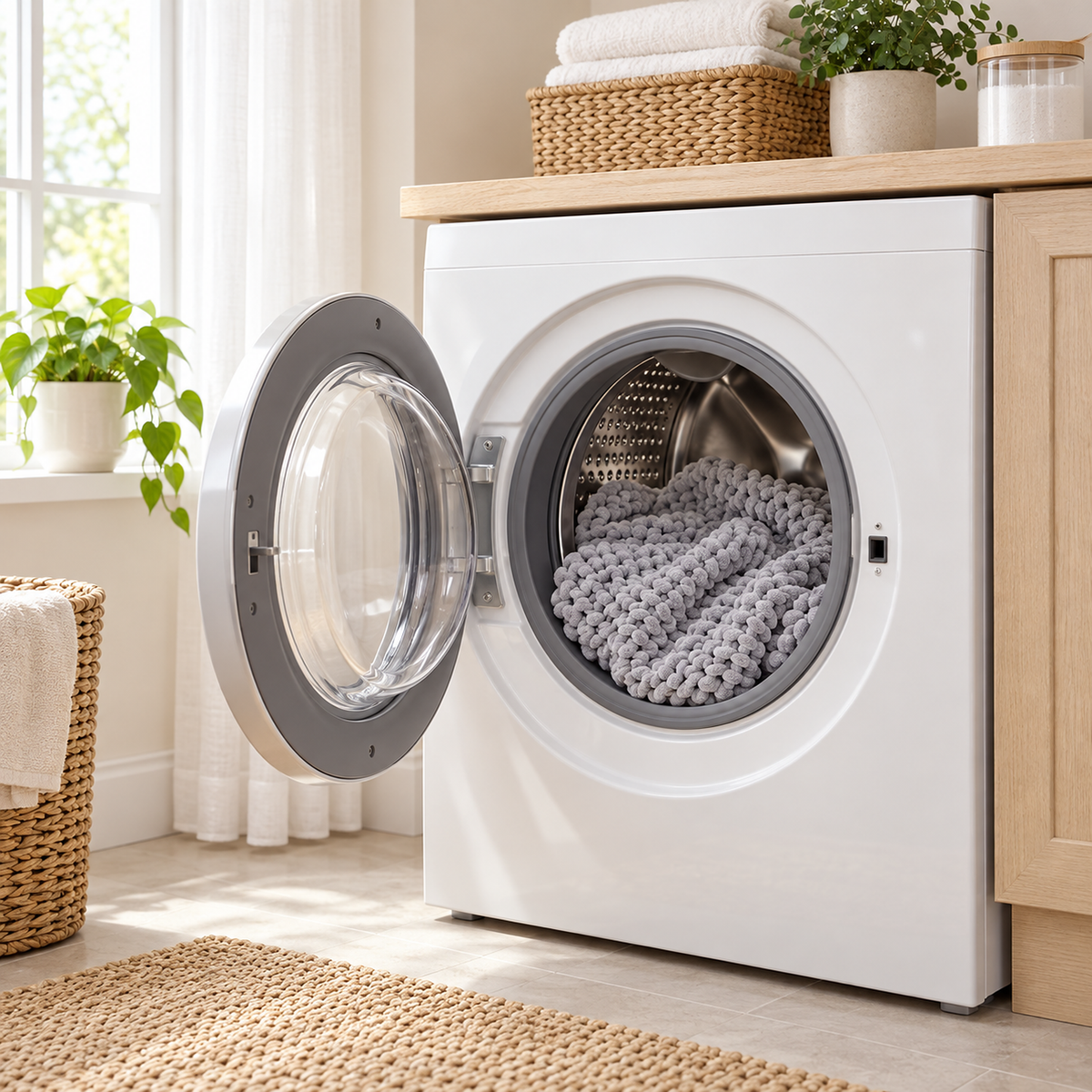 Ramelio gray chenille throw blanket inside an open washing machine drum, ready for a machine wash