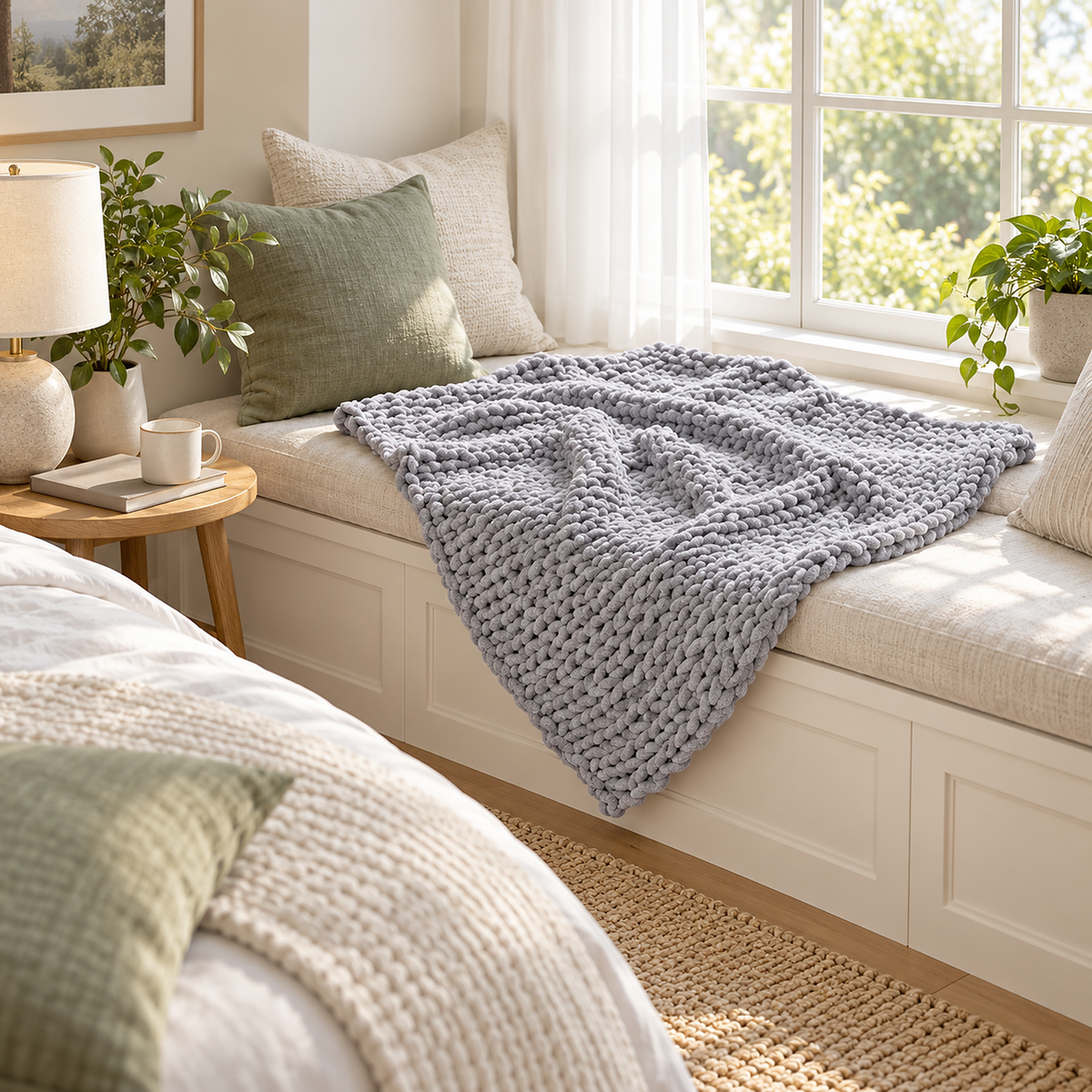 Ramelio gray chenille throw blanket loosely folded in a bright bedroom nook with a window seat