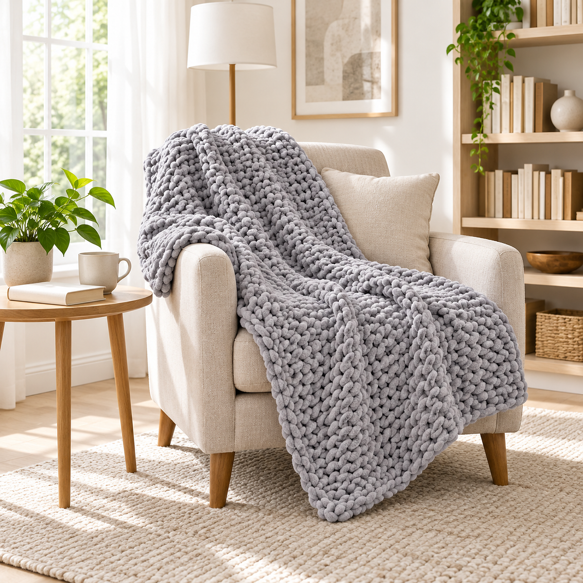 Ramelio gray chunky knit blanket draped over an armchair in a bright home library reading corner