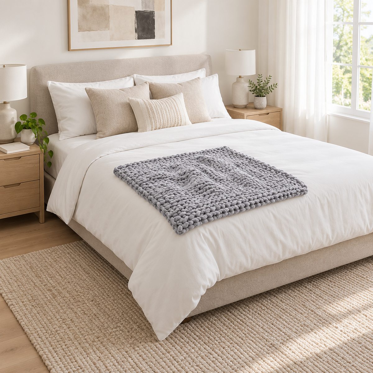 Ramelio gray chunky knit blanket in a small square size as an accent on a queen bed