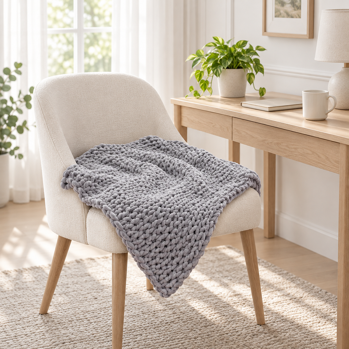 Ramelio gray knit throw blanket corner showing the rounded yarn loops along the edge