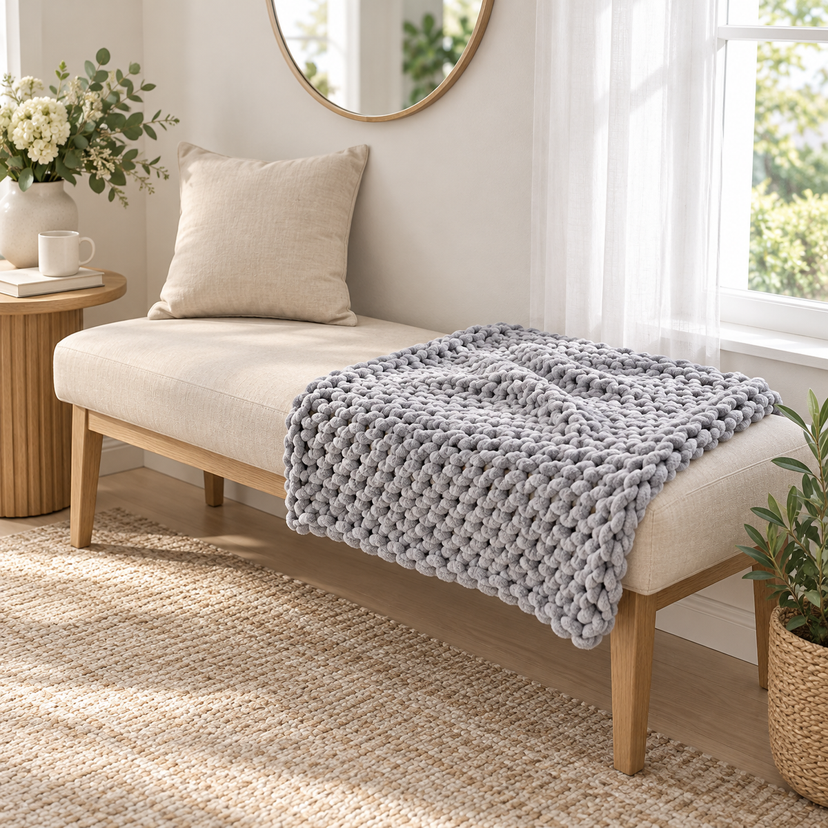 Ramelio gray knit throw blanket in a square size opened across a cushioned entryway bench
