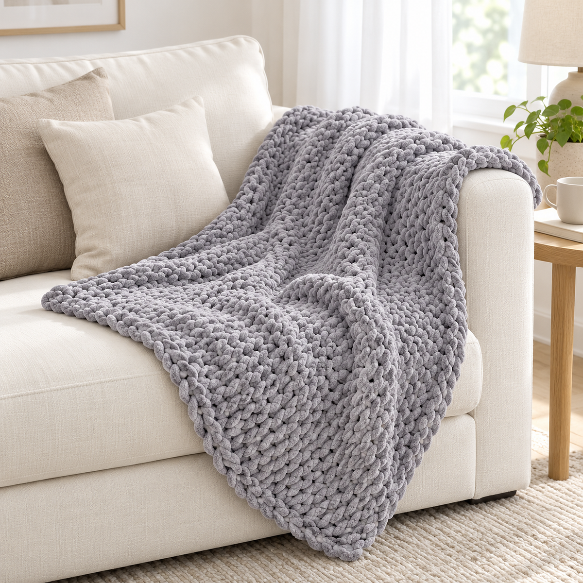 Ramelio gray throw blanket for couch draped over the arm of an ivory sofa in a living room