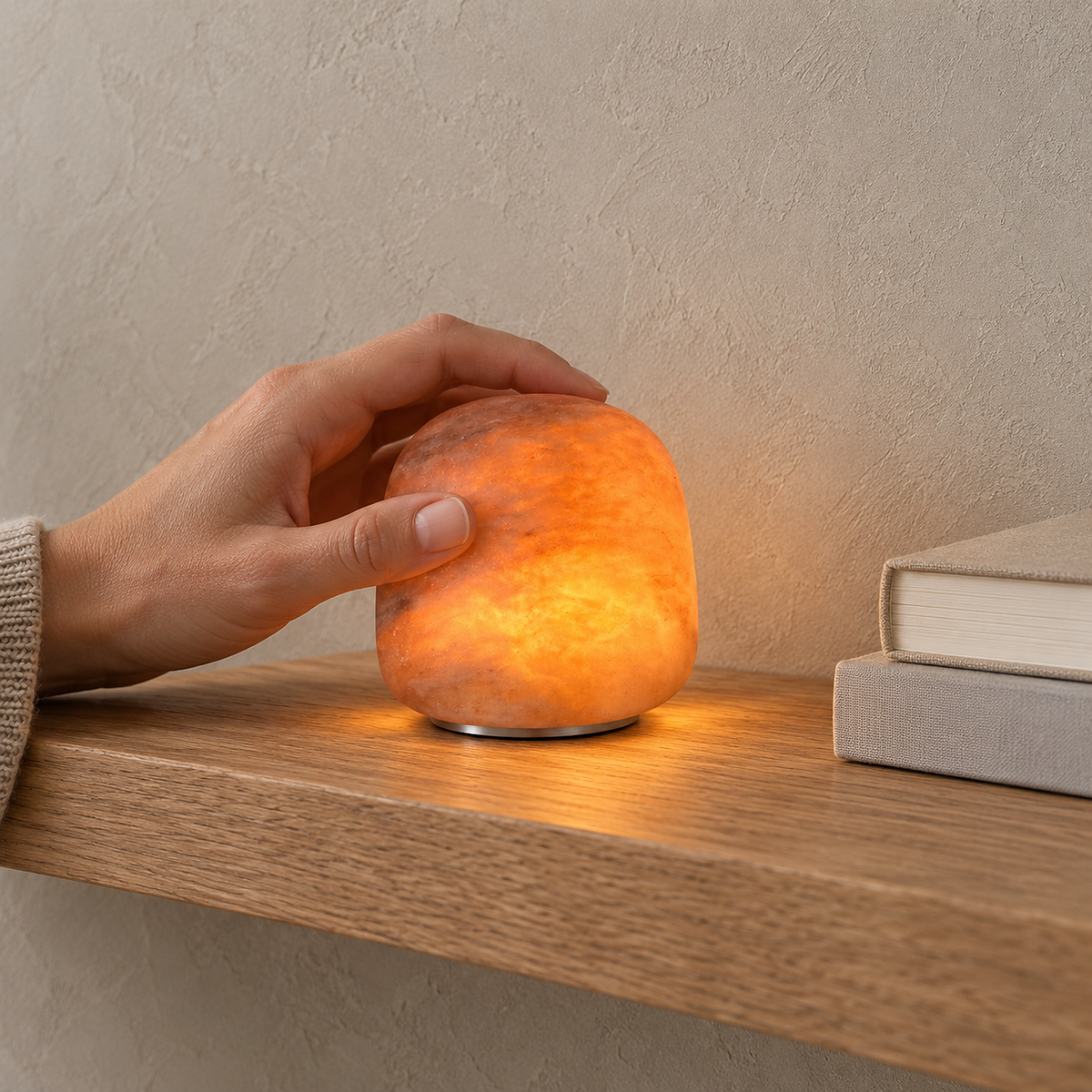Ravelmo amber battery operated table lamp glowing beside books in a dining room #color_amber