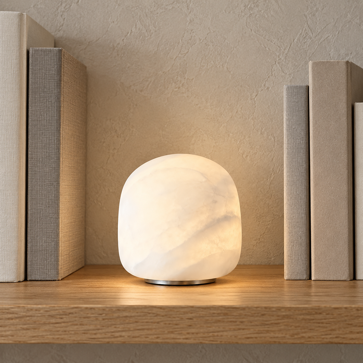 Ravelmo white cordless table lamp glowing softly between books in a dining room
