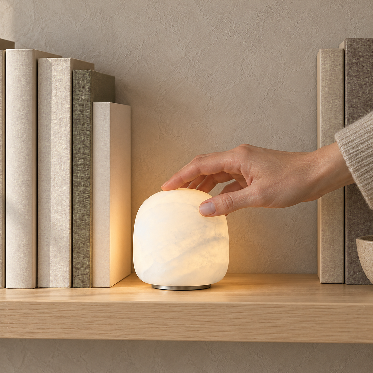 Ravelmo white LED desk lamp lit on a narrow bookshelf in a home study