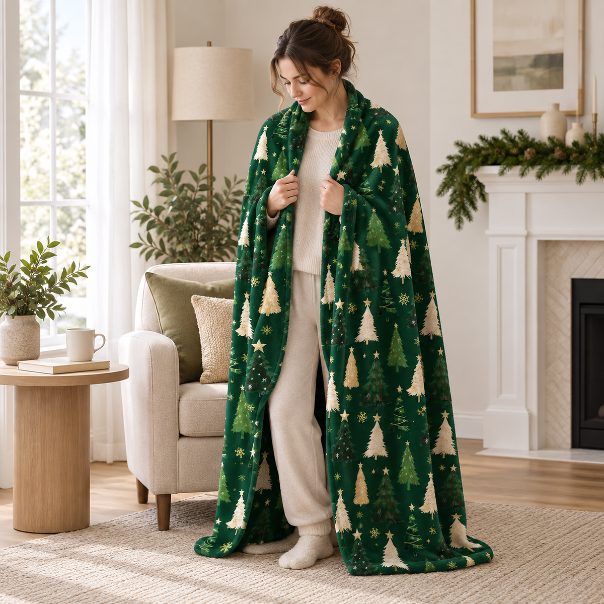 Ravisel dark green and cream christmas throw blanket wrapped around the shoulders of an adult in a fireside nook