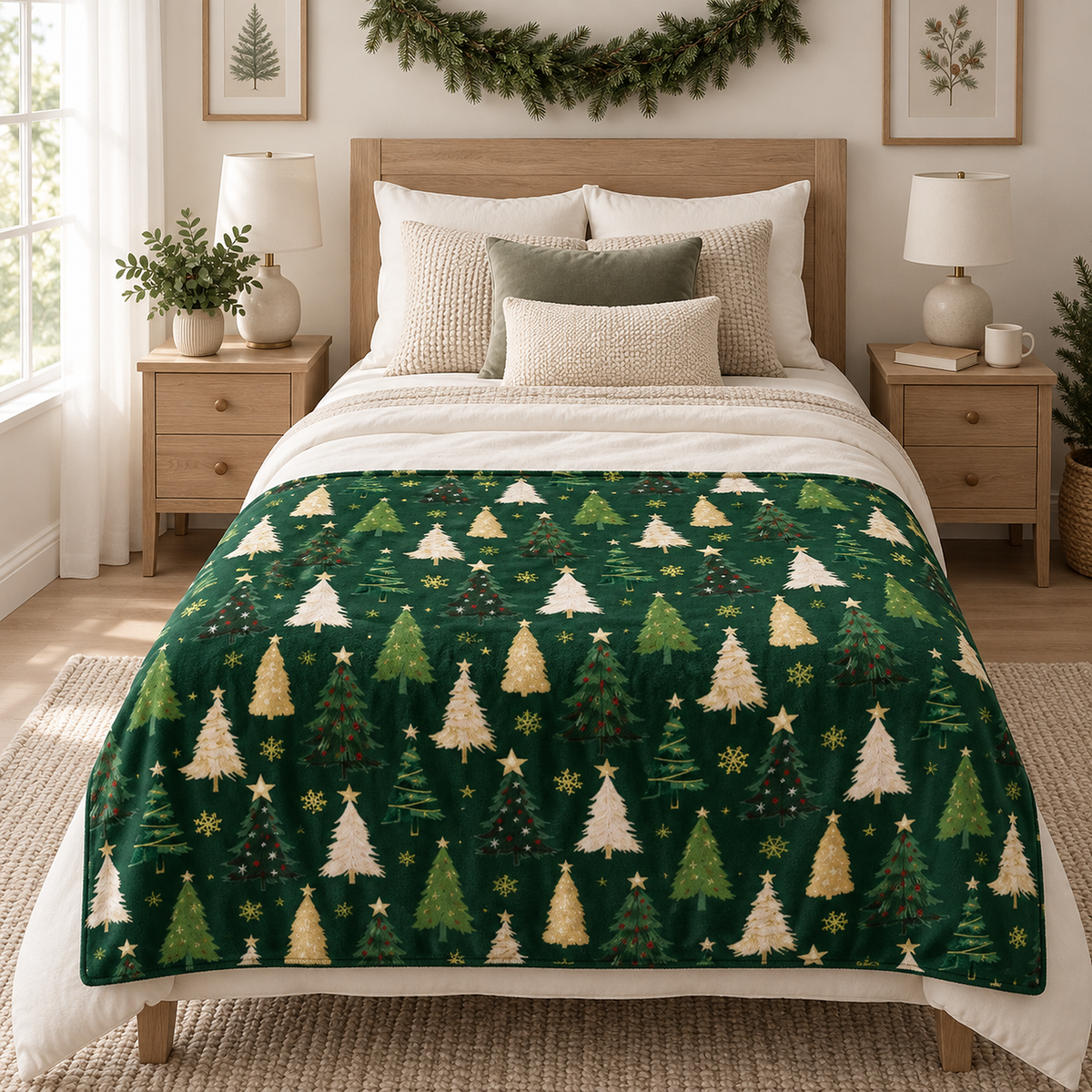 Ravisel dark green and cream plush throw blanket laid across the center of a made guest bed