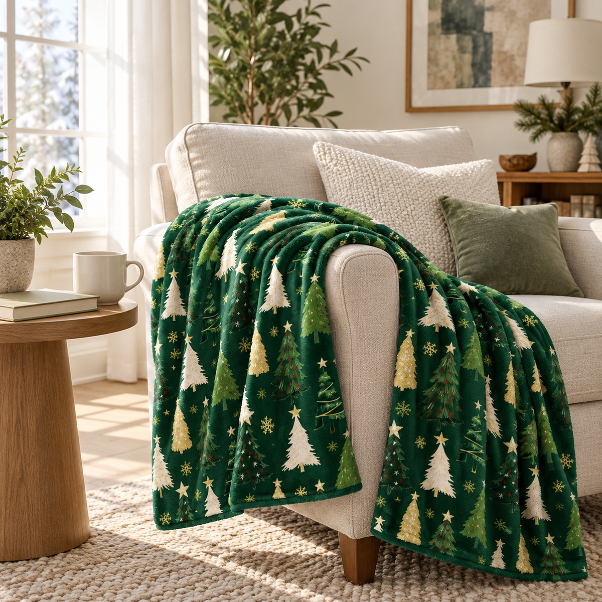 Ravisel dark green and cream plush throw blanket with a christmas tree print over a reading room armchair