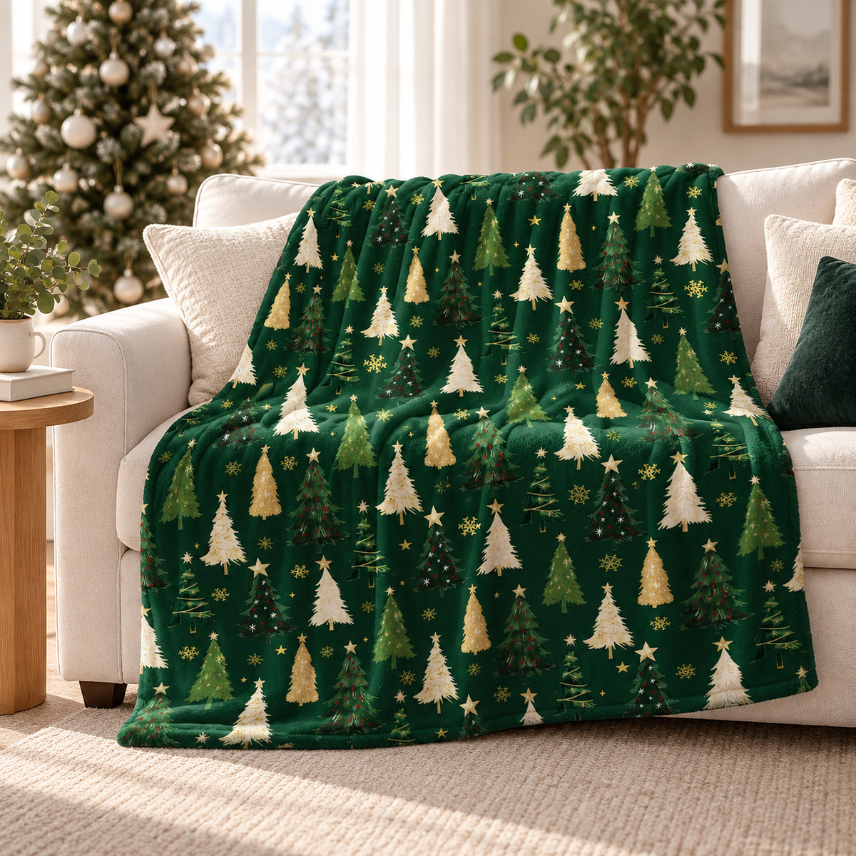 Ravisel dark green and cream throw blanket for couch dressing the back of a living room sofa
