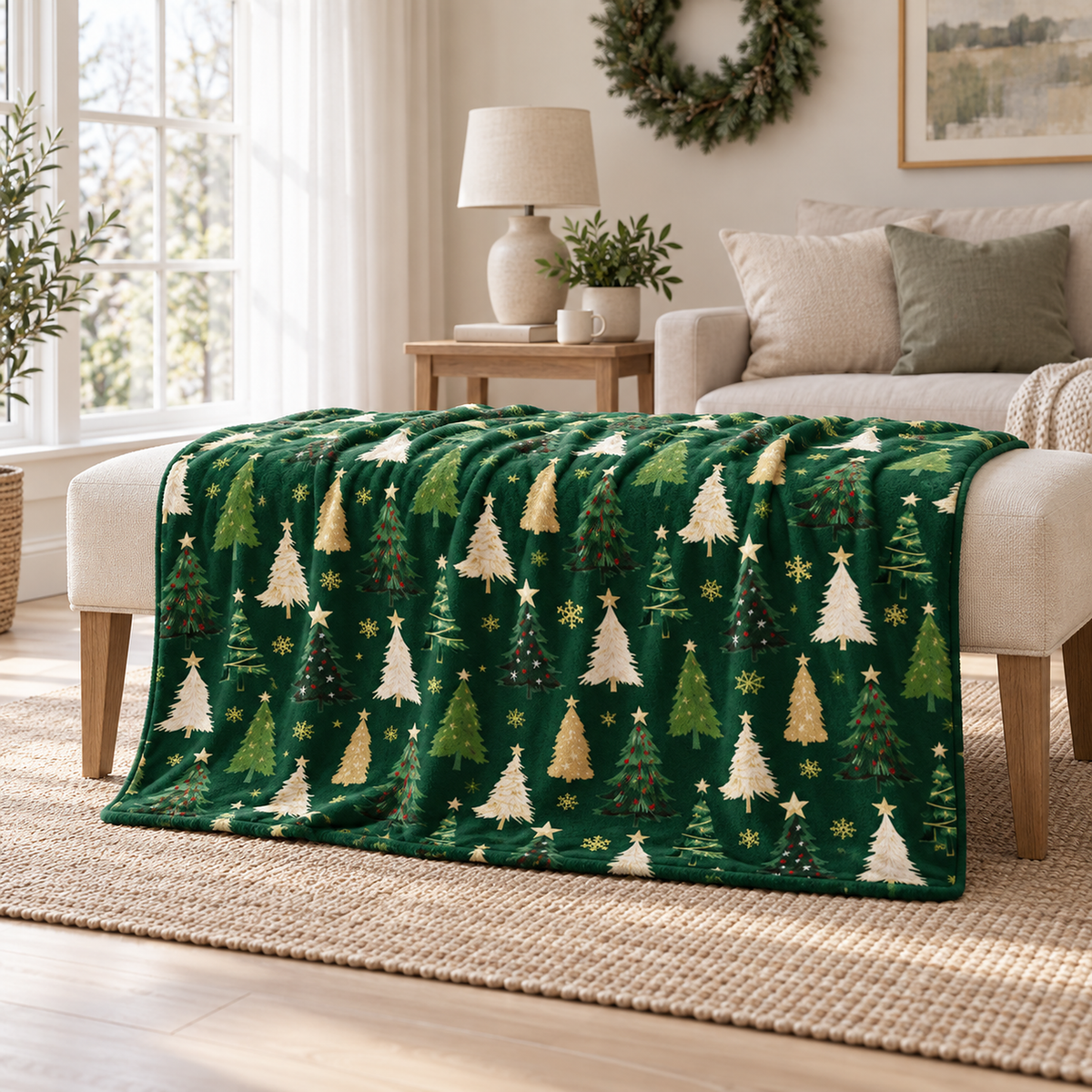 Ravisel dark green and cream throw blanket in a single layer over an upholstered music room bench