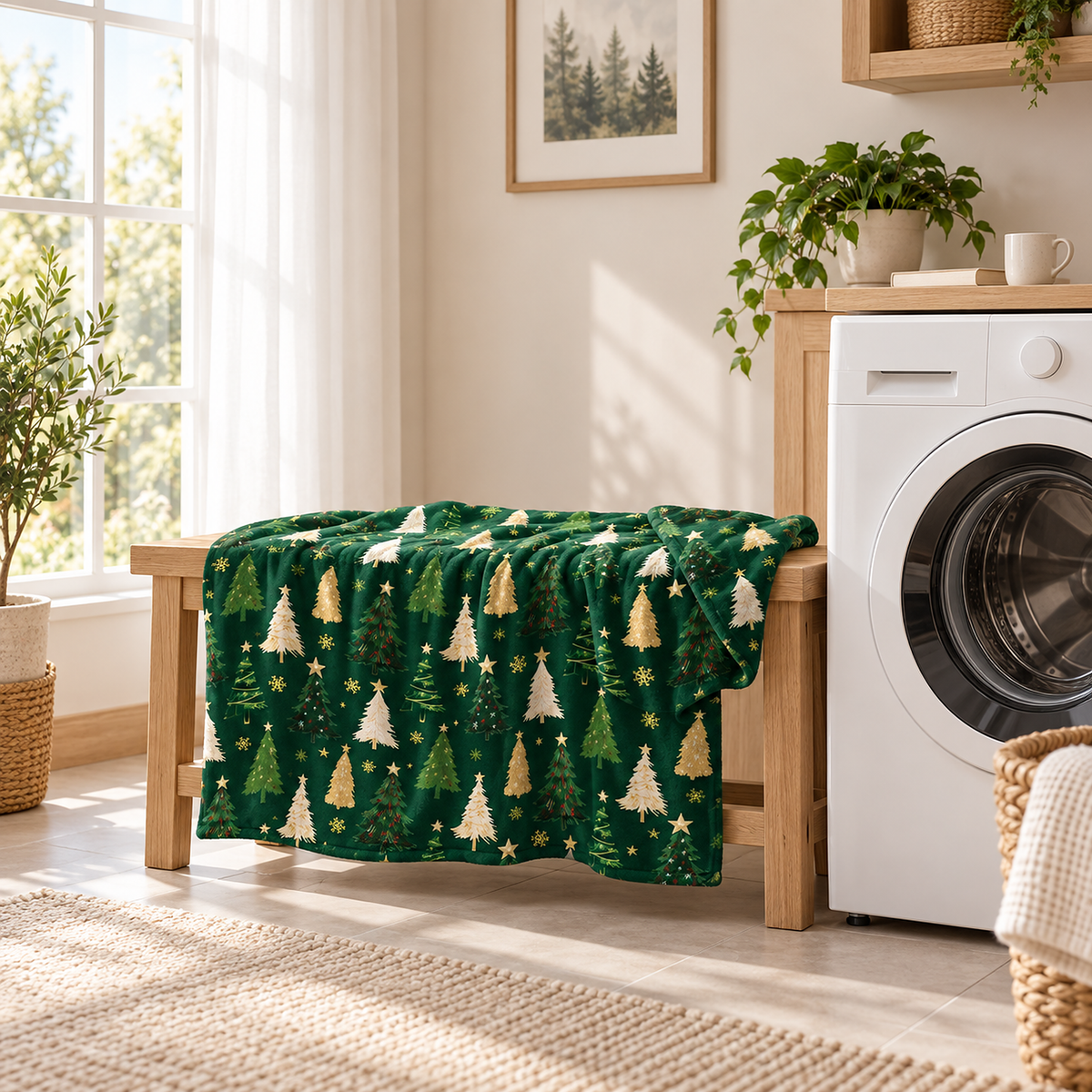 Ravisel dark green and cream throw blanket, machine washable, laid open beside a washing machine