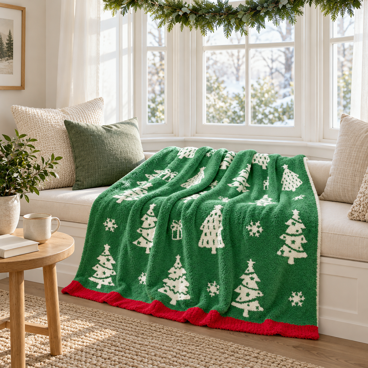 Ravolen green and white christmas throw blanket spread open across a breakfast room window seat