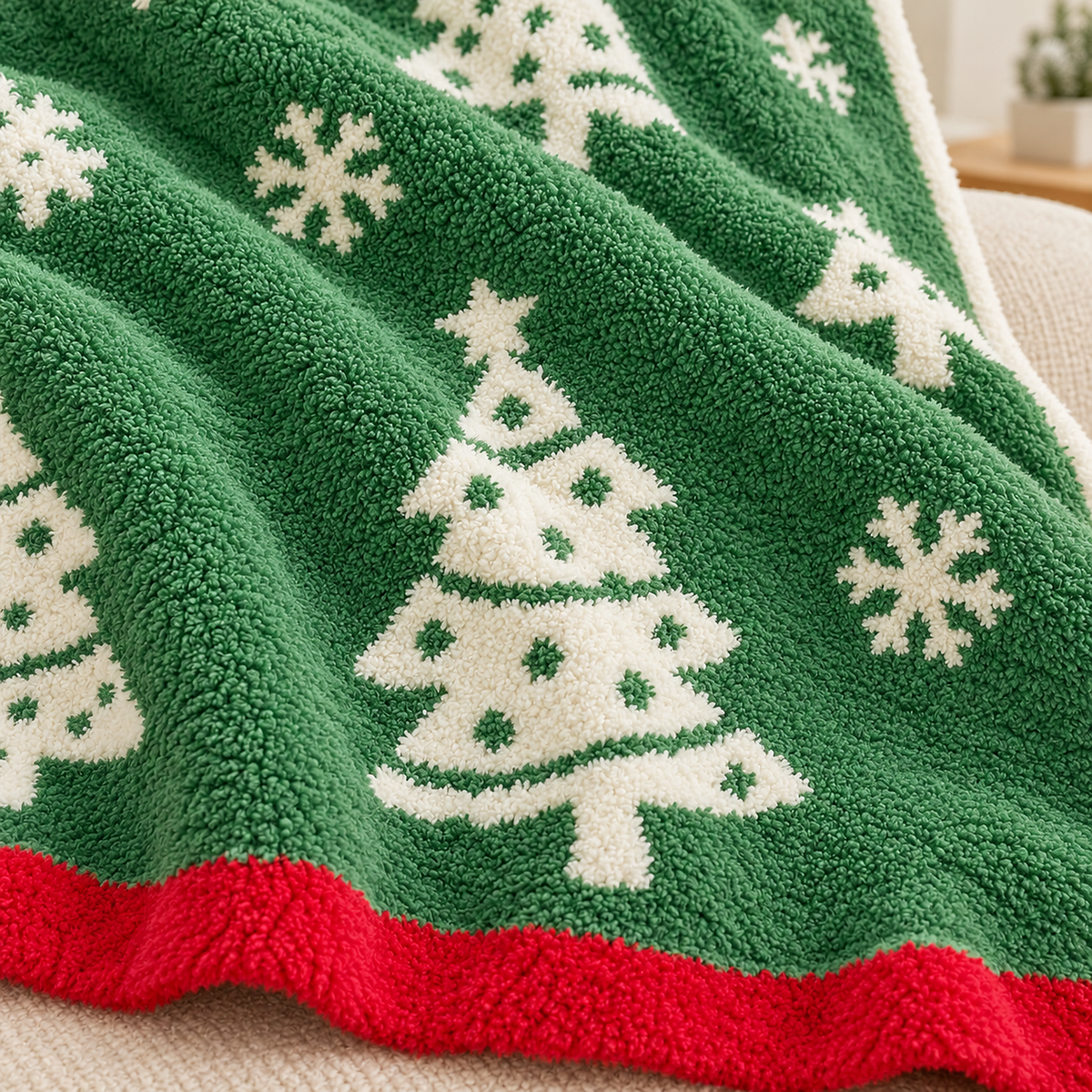 Ravolen green and white throw blanket in a close view of the texture around a white christmas tree