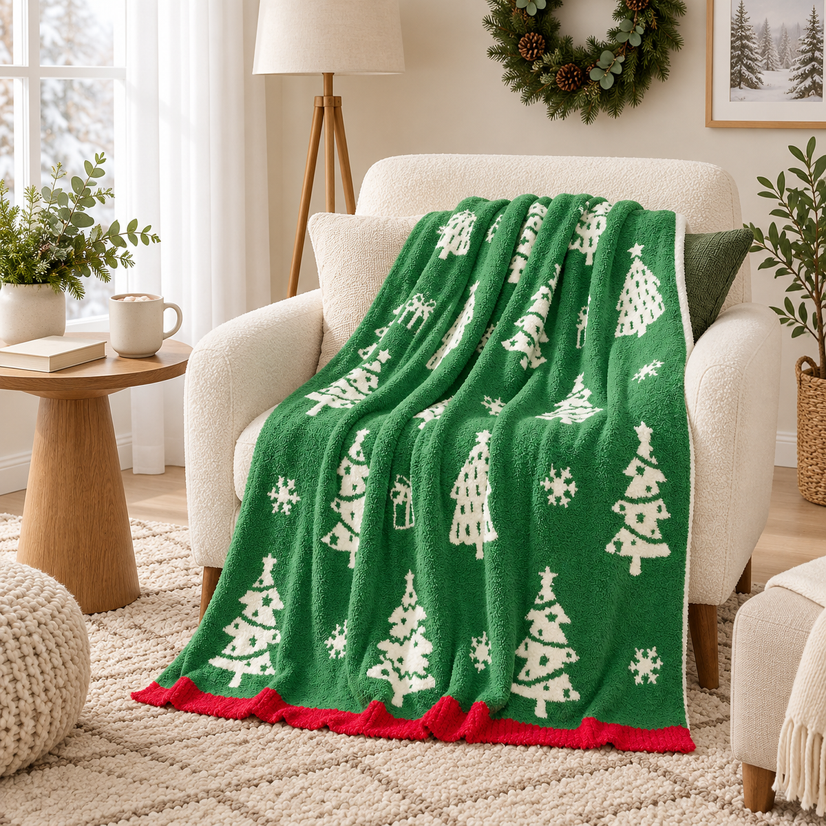 Ravolen green and white throw blanket open across a reading chair seat beside a book
