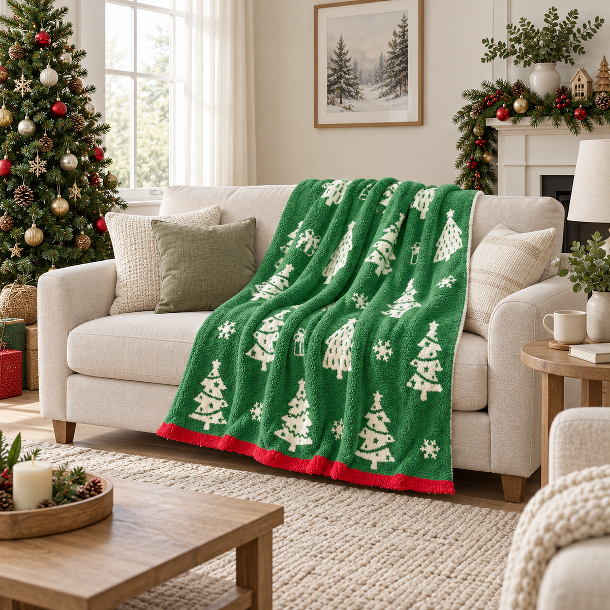 Ravolen green and white throw blanket for couch draped open over a loveseat in a bright living room