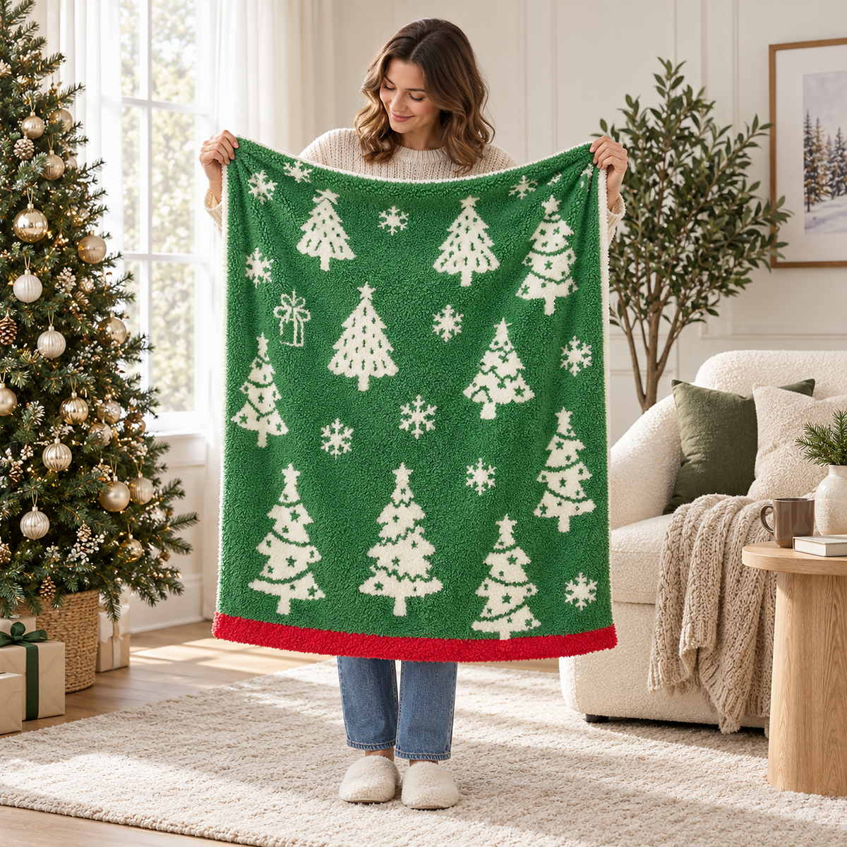 Ravolen green and white throw blanket for couch held open at shoulder height in a family room armchair nook