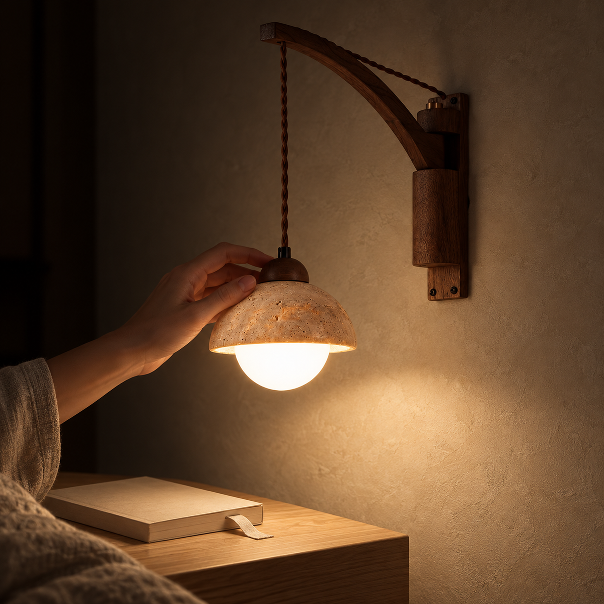 Relmino yellow travertine bedside lamp lighting an open book after dark
