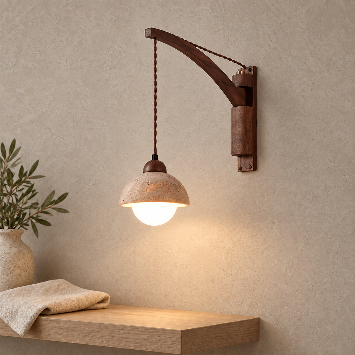 Relmino yellow travertine wall sconce lit above a shelf in a dressing alcove