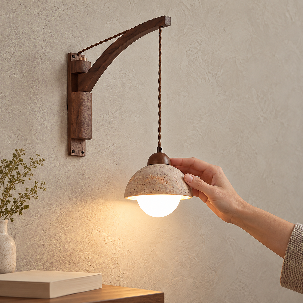 Relmino yellow travertine wall sconce lit with a hand nearby showing the wall mounting
