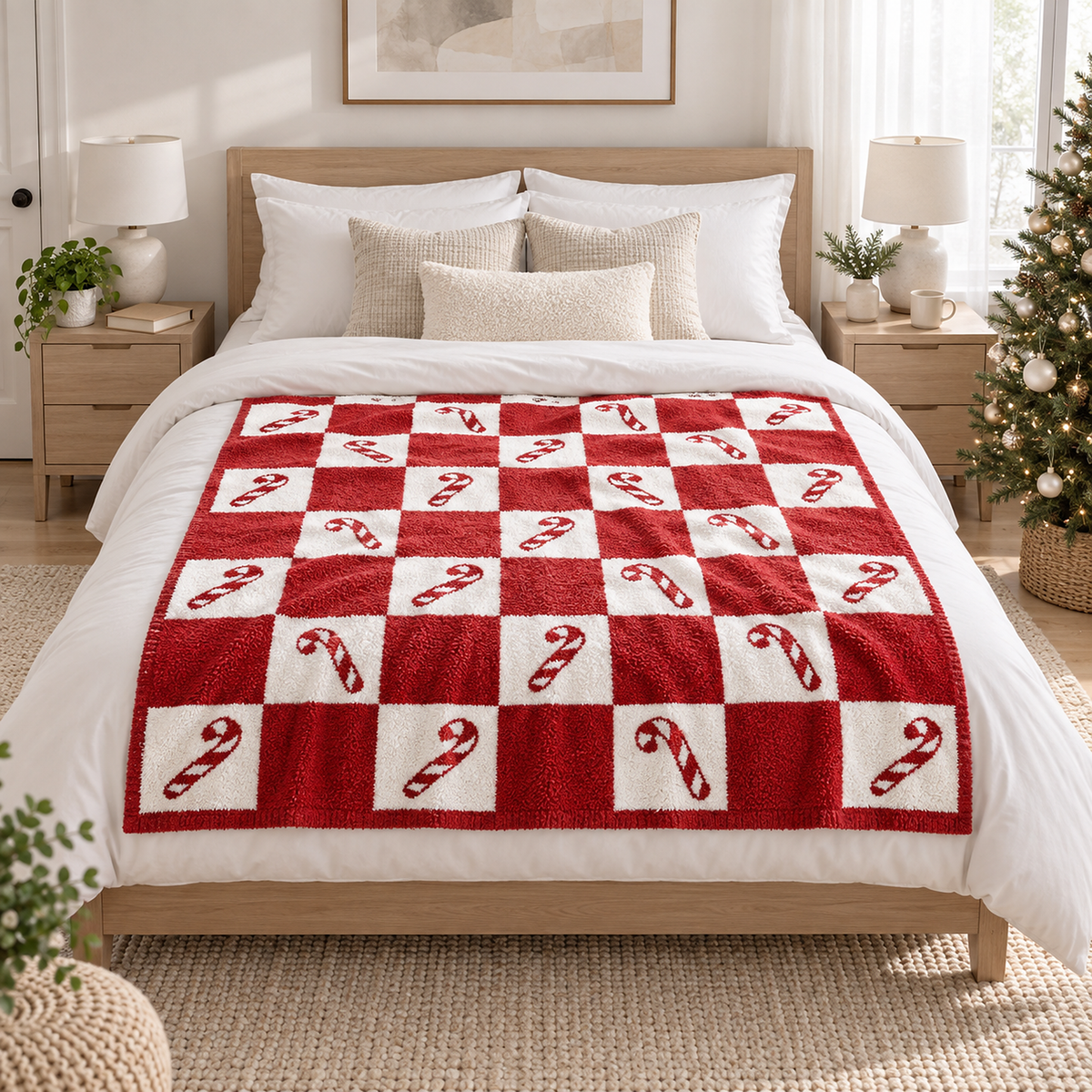 Remilta checkered candy cane christmas throw blanket laid as an accent across a queen bed in the main bedroom