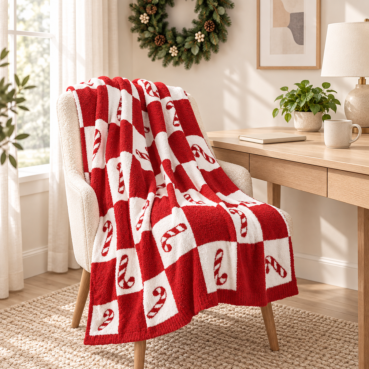 Remilta checkered candy cane knit throw blanket draped over a desk chair in a writing alcove
