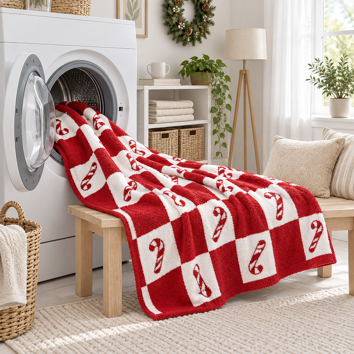 Remilta checkered candy cane knit throw blanket, machine washable, set beside an open washing machine