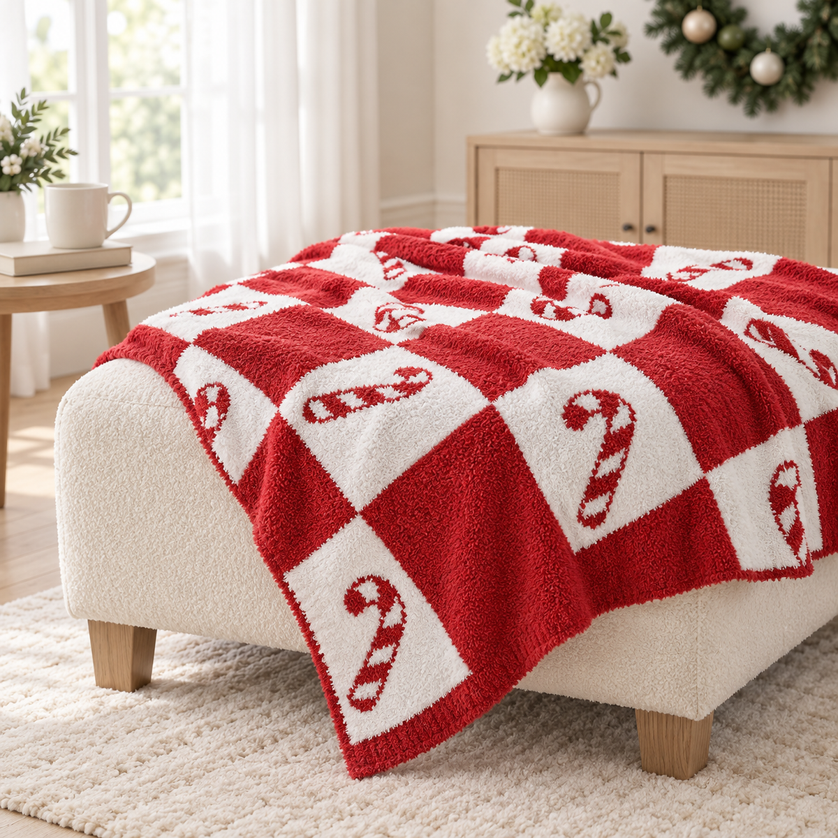 Remilta checkered candy cane plush throw blanket showing its red outer corner and fuzzy checks by a music stool