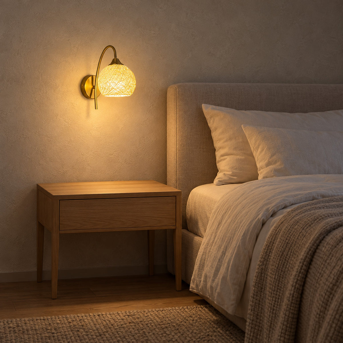 Remilvo gold bedside wall light mounted above a clear bedside table in a bedroom