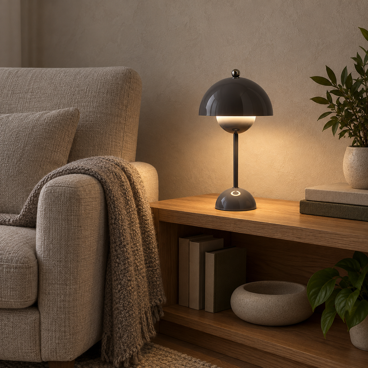 Retomira gray bedside lamp glowing beside an empty library chair #color_gray