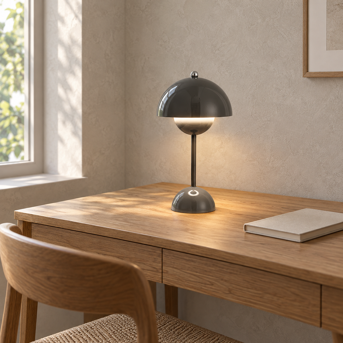 Retomira gray portable table lamp glowing on a study desk in daylight #color_gray