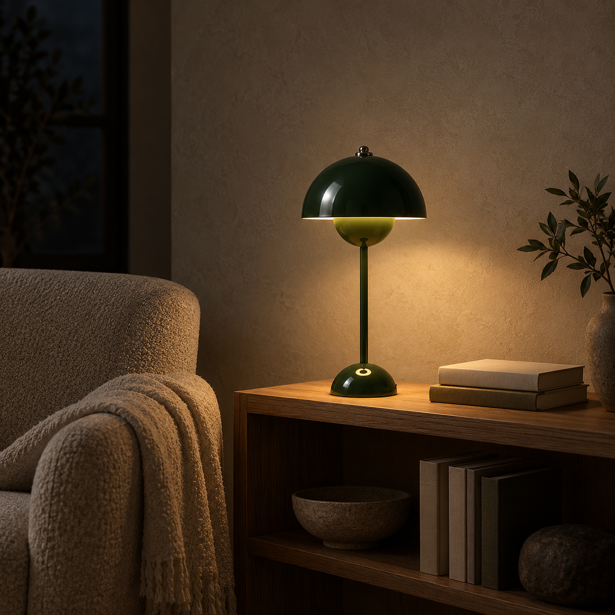 Retomira green cordless table lamp making a low evening glow in a library #color_green