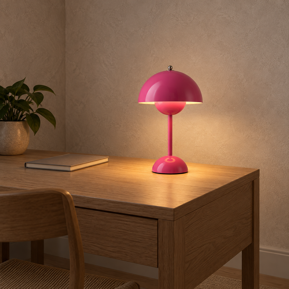 Retomira pink cordless table lamp glowing beside a closed notebook in a study #color_pink